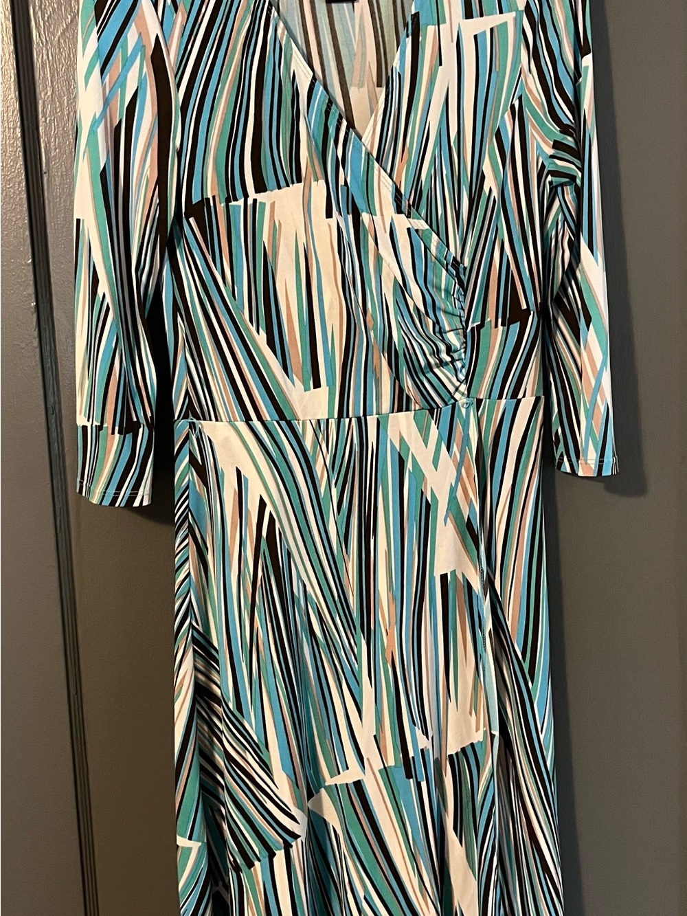 BCBG Teal, Black, White & Beige Abstract Stripe Wrap Dress